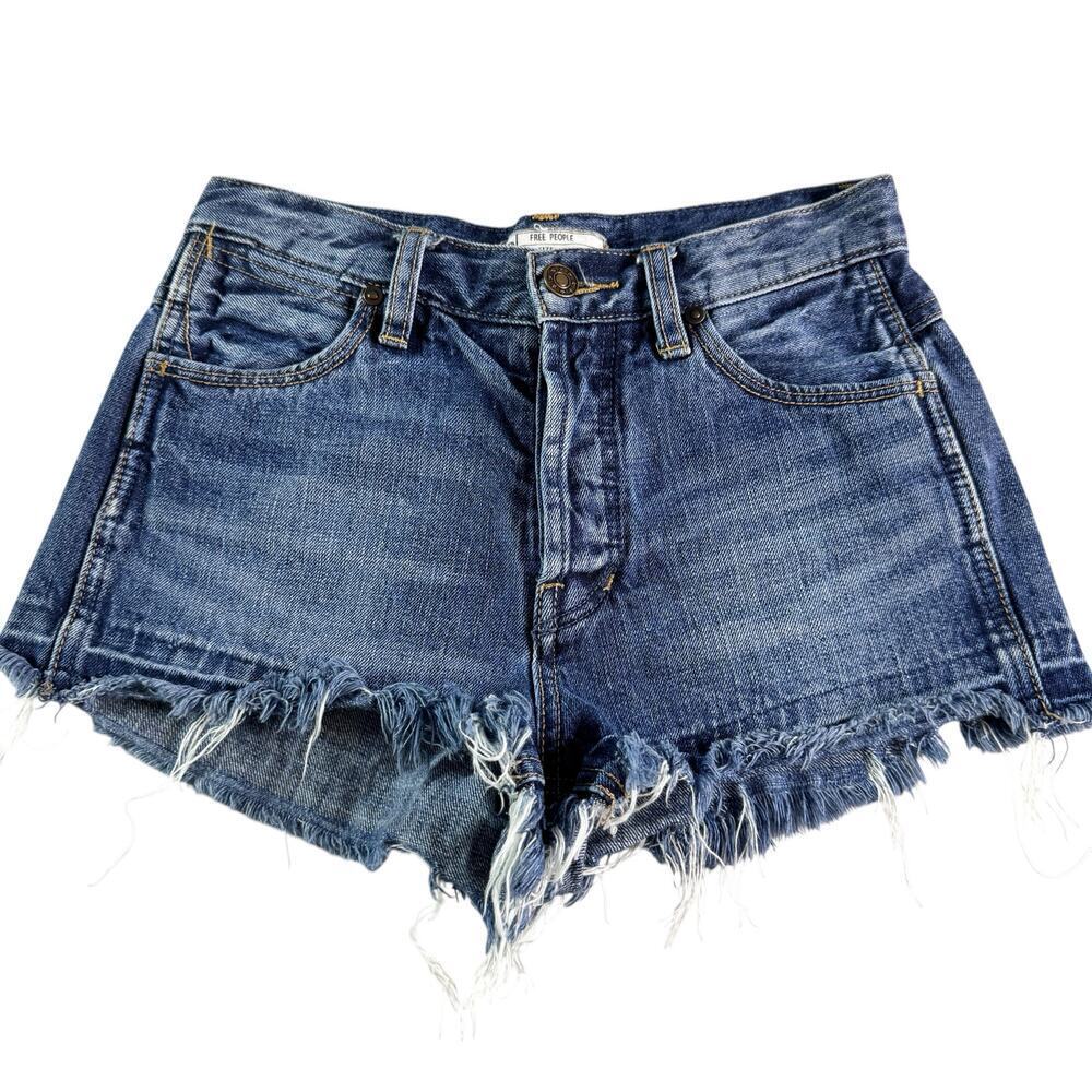 Free People Denim Shorts W24 Button Fly Frayed Hem Boho Festival Cutoff